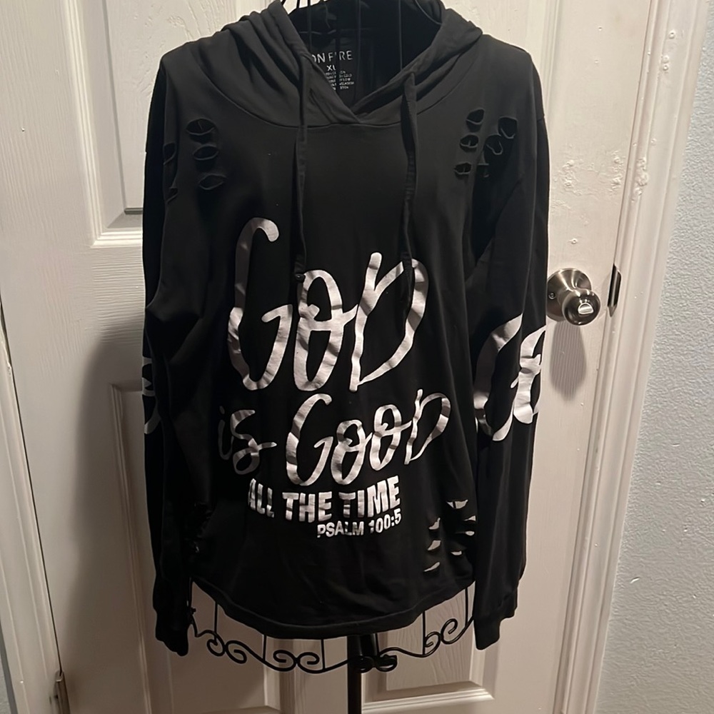 On Fire “God is Good” long sleeve t shirt with hood.